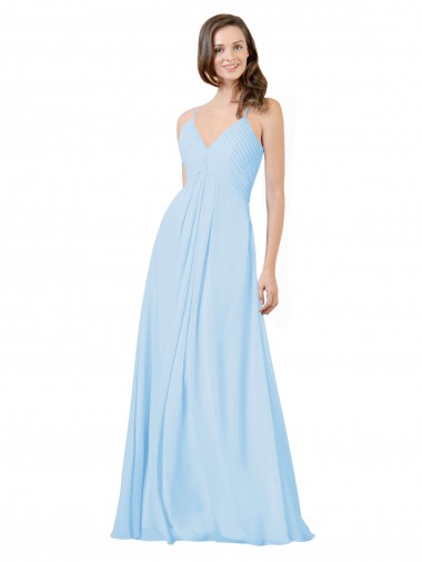 Azul Céu Claro Decote V Sem Mangas Buraco da fechadura Linha A Vestido de Madrinha Online