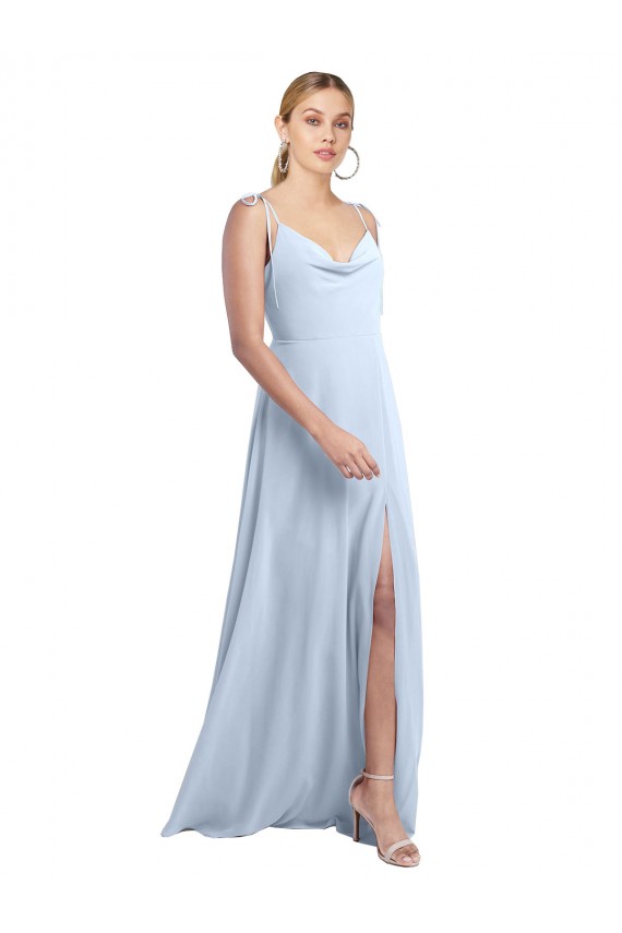 Azul Céu Claro Decote Capuz Sem Mangas Costas em V Linha A Vestido de Madrinha Online