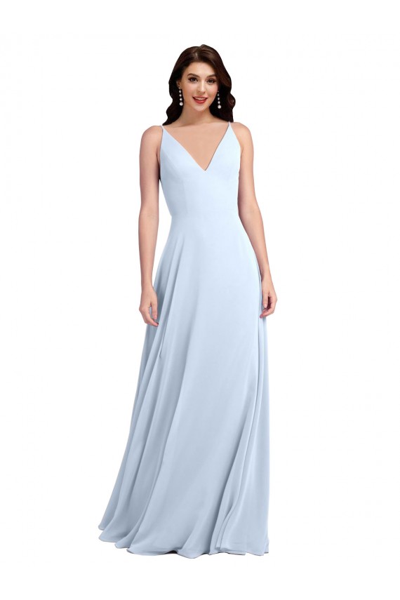 Azul Céu Claro Decote V Sem Mangas Costas em V Linha A Vestidos de Festa Online