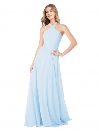 Azul Céu Claro Decote Alto Sem Mangas Linha A Vestidos de Madrinha Online