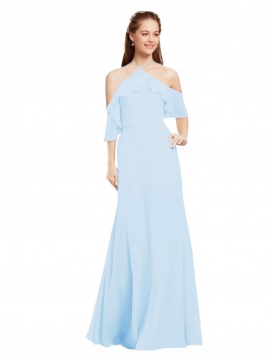 Azul Céu Claro Cabeçada Ombro Frio Linha A Vestidos de Madrinha Online