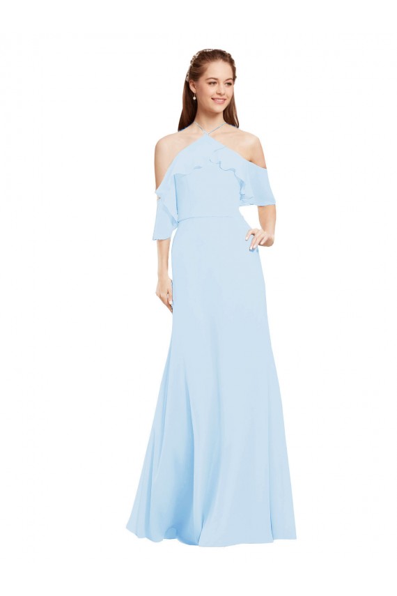Azul Céu Claro Cabeçada Ombro Frio Linha A Vestidos de Madrinha Online