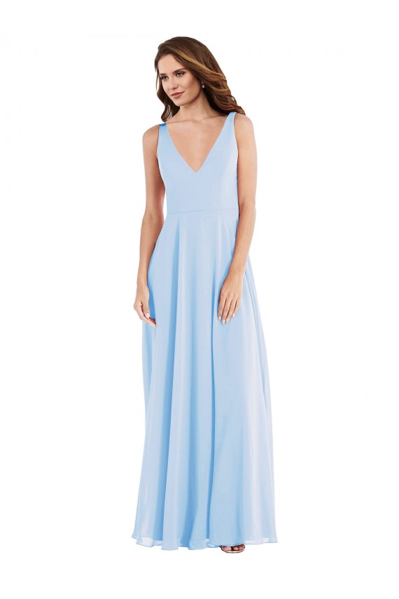 Azul Céu Claro Decote V Sem Mangas Linha A Vestido de Madrinha Online