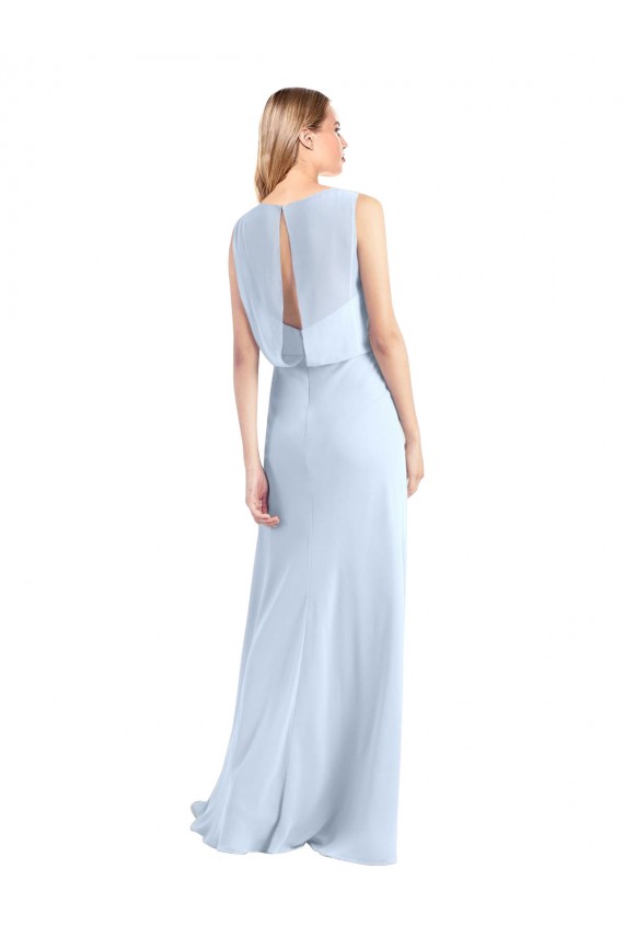 Azul Céu Claro Decote V Sem Mangas Buraco da fechadura Linha A Vestidos de Madrinha Online