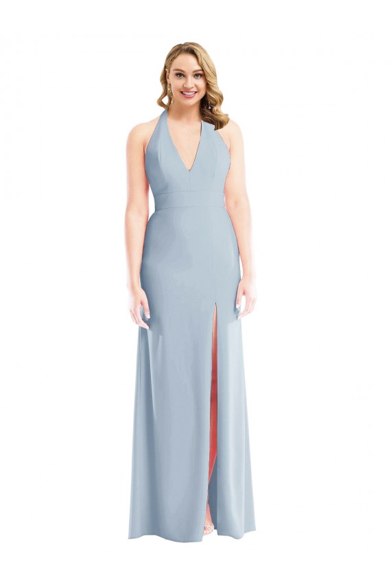 Azul Céu Claro Cabeçada Sem Mangas Abrir de volta Trombeta Vestidos de Madrinha / Vestidos de Festa Online