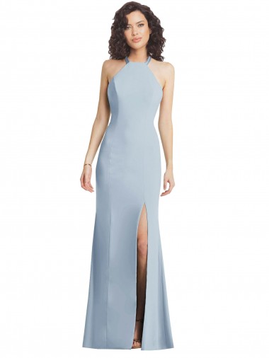 Azul Céu Claro Decote Alto Sem Mangas Criss Cruz Trombeta Vestidos de Madrinha / Vestidos de Noite / Vestidos de Festa Online