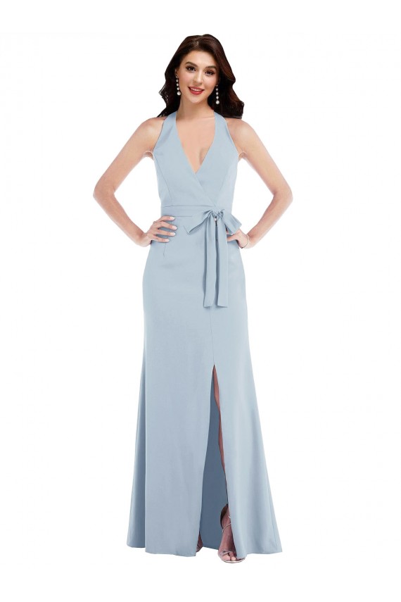 Azul Céu Claro Decote V Sem Mangas Abrir de volta Linha A Vestidos de Madrinha / Vestidos de Noite / Vestidos de Festa Online