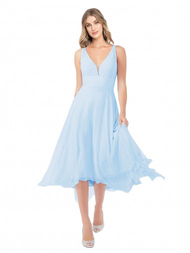 Azul Céu Claro Decote V Sem Mangas Buraco da fechadura Linha A Vestidos de Madrinha / Vestidos de Cocktail / Vestidos de Homecoming Online