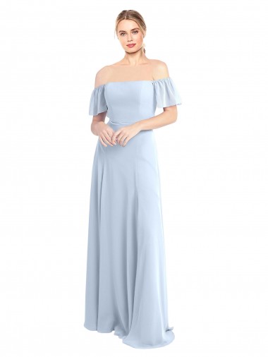 Azul Céu Claro Decote Quadrado Mangas Esvoaçantes Costas em V Linha A Vestidos de Madrinha Online
