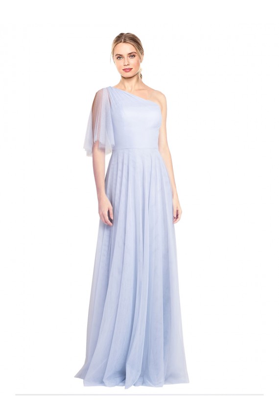 Azul Céu Claro Um Ombro Mangas Esvoaçantes Linha A Vestidos de Madrinha Online