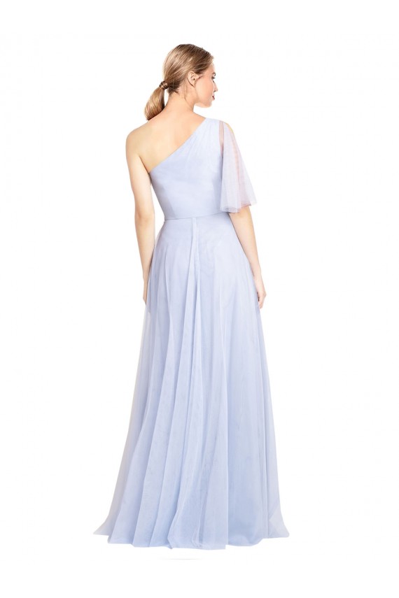 Azul Céu Claro Um Ombro Mangas Esvoaçantes Linha A Vestidos de Madrinha Online