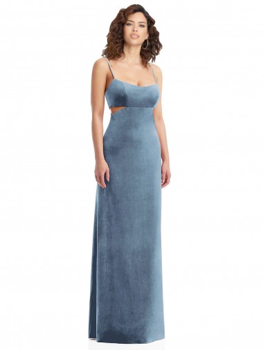 Azul Empoeirado Decote Quadrado Sem Mangas Lombar Bainha Vestidos de Madrinha / Vestidos de Noite / Vestidos de Festa Online