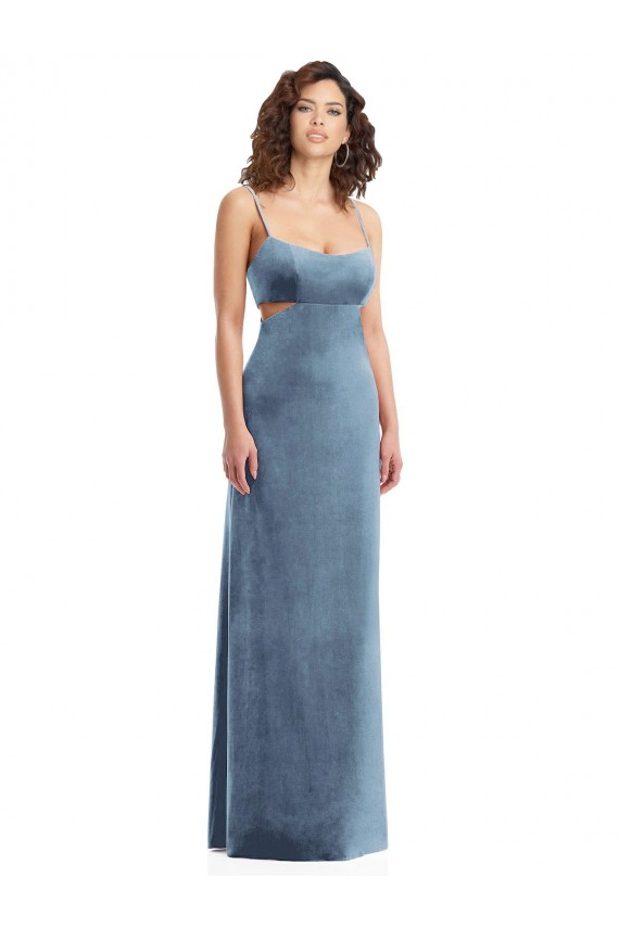 Azul Empoeirado Decote Quadrado Sem Mangas Lombar Bainha Vestidos de Madrinha / Vestidos de Noite / Vestidos de Festa Online