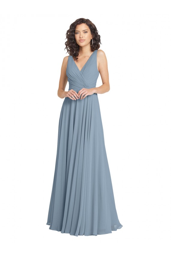 Azul Empoeirado Decote V Sem Mangas Costas em V Linha A Vestidos de Festa / Vestidos de Madrinha Online