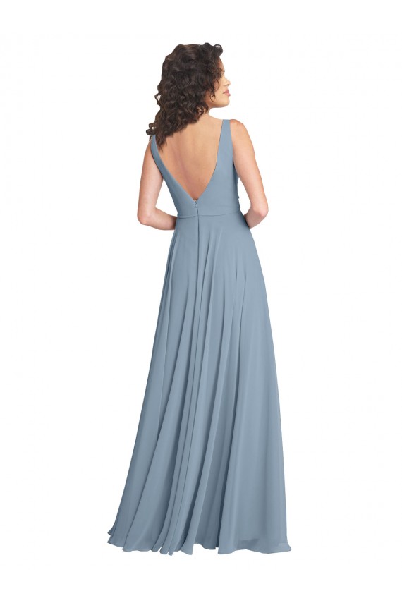 Azul Empoeirado Decote V Sem Mangas Costas em V Linha A Vestidos de Festa / Vestidos de Madrinha Online