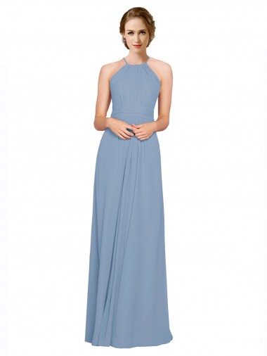 Azul Empoeirado Decote Alto Sem Mangas Criss Cruz Linha A Vestidos de Madrinha Online