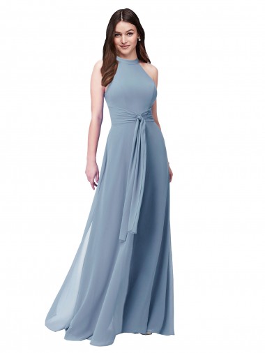 Azul Empoeirado Decote Alto Sem Mangas Linha A Vestidos de Madrinha Online