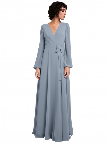 Azul Empoeirado Decote V Mangas Compridas Linha A Vestidos de Madrinha Online