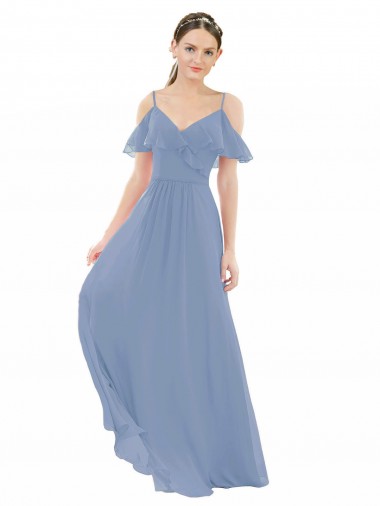 Azul Empoeirado Decote V Mangas Curtas Linha A Vestido de Madrinha Online