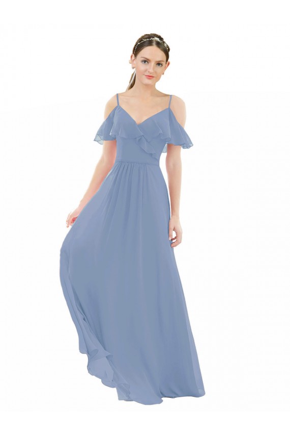 Azul Empoeirado Decote V Mangas Curtas Linha A Vestido de Madrinha Online