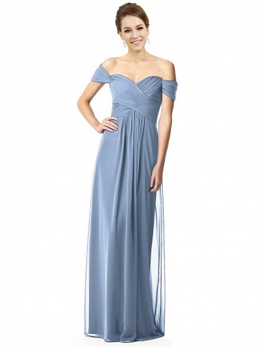 Azul Empoeirado Fora do Ombro Mangas Curtas Linha A Vestidos de Madrinha Online