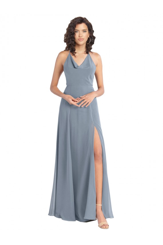 Azul Empoeirado Decote Capuz Sem Mangas Costas em V Linha A Vestidos de Madrinha Online