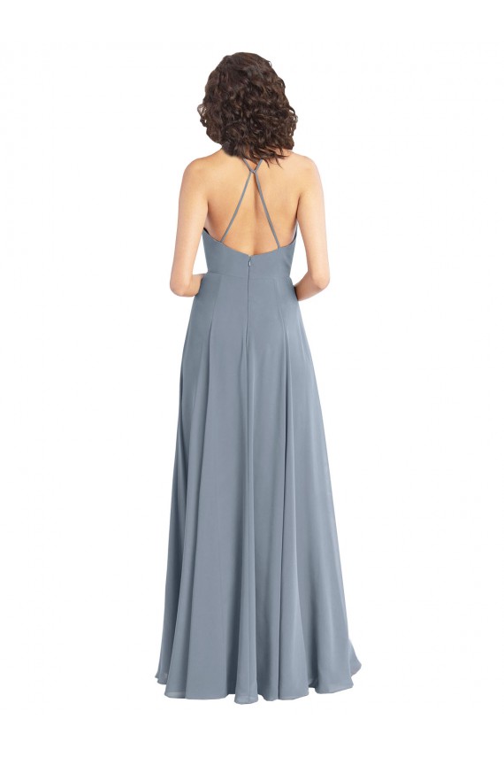 Azul Empoeirado Decote Capuz Sem Mangas Costas em V Linha A Vestidos de Madrinha Online