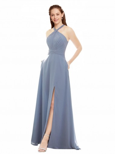 Azul Empoeirado Decote Alto Sem Mangas Linha A Vestidos de Festa Online