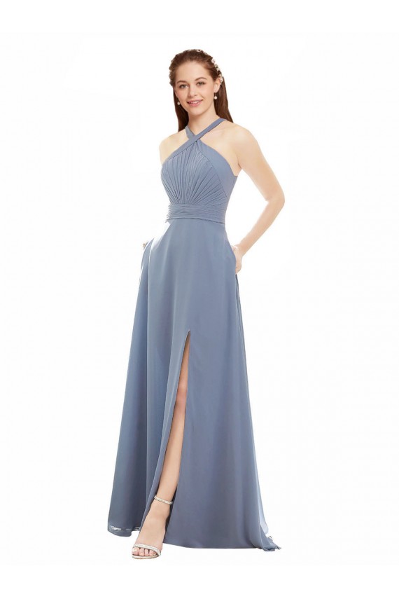 Azul Empoeirado Decote Alto Sem Mangas Linha A Vestidos de Festa Online