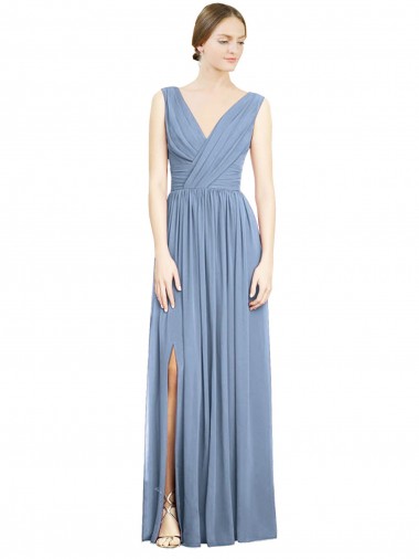 Azul Empoeirado Decote V Sem Mangas Linha A Vestidos de Madrinha Online