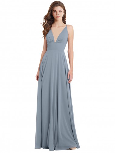 Azul Empoeirado Decote V Sem Mangas Costas em V Linha A Vestido de Festa / Vestido de Madrinha Online