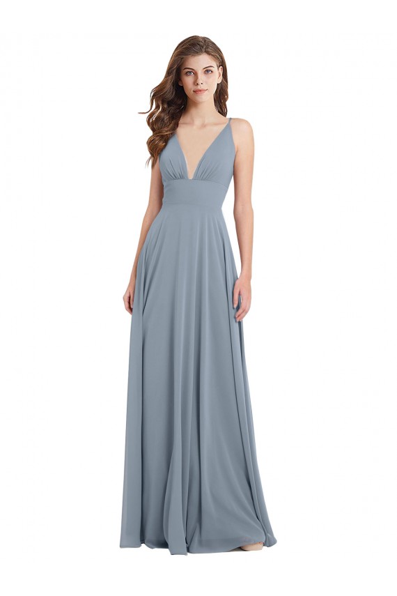 Azul Empoeirado Decote V Sem Mangas Costas em V Linha A Vestido de Festa / Vestido de Madrinha Online