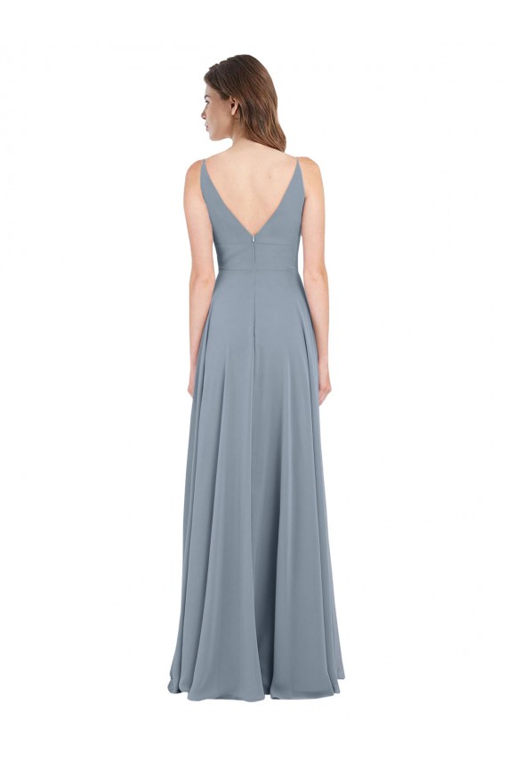 Azul Empoeirado Decote V Sem Mangas Costas em V Linha A Vestido de Festa / Vestido de Madrinha Online