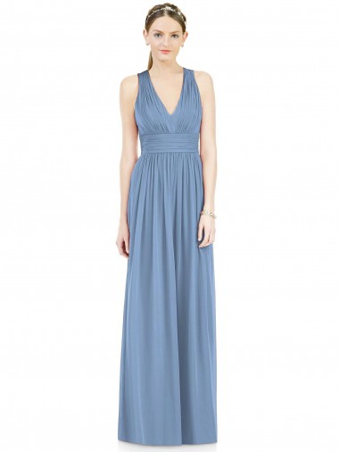 Azul Empoeirado Decote V Sem Mangas Linha A Vestidos Formais / Vestidos de Madrinha Online
