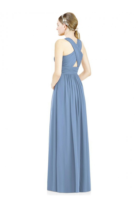 Azul Empoeirado Decote V Sem Mangas Linha A Vestidos Formais / Vestidos de Madrinha Online