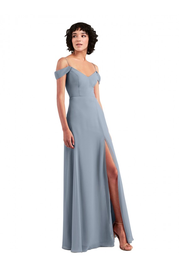 Azul Empoeirado Decote V Sem Mangas Linha A Longo Vestido de Noite / Vestidos de Madrinha Online