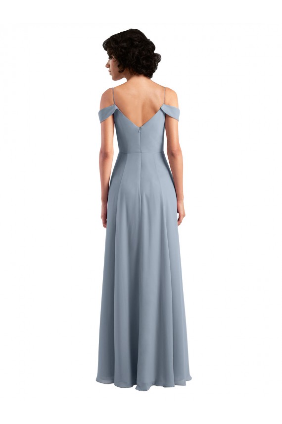 Azul Empoeirado Decote V Sem Mangas Linha A Longo Vestido de Noite / Vestidos de Madrinha Online
