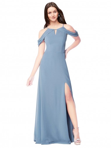 Azul Empoeirado Fora do Ombro Sem Mangas Linha A Vestidos de Madrinha Online