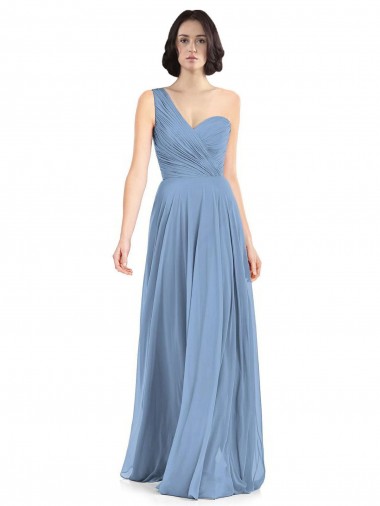 Azul Empoeirado Um Ombro Sem Mangas Linha A Vestidos de Festa / Vestidos de Madrinha Online