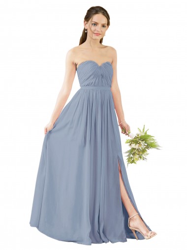 Azul Empoeirado Amor Sem Mangas Abrir de volta Linha A Vestido de Madrinha Online