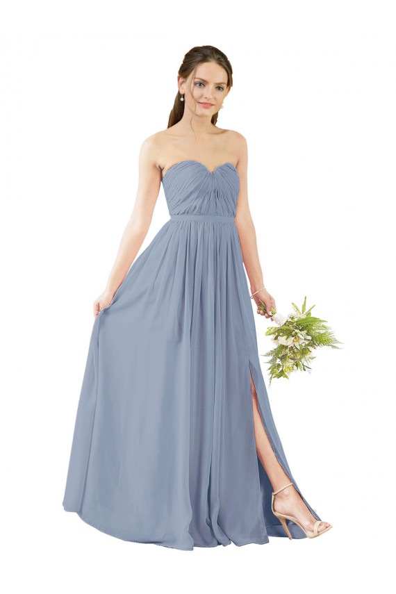 Azul Empoeirado Amor Sem Mangas Abrir de volta Linha A Vestido de Madrinha Online