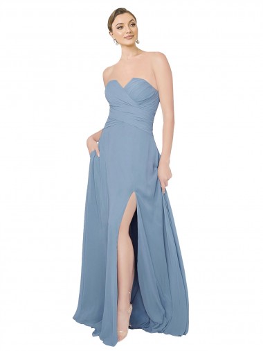 Azul Empoeirado Sem alças Sem Mangas Lombar Linha A Vestidos de Festa / Vestidos de Madrinha Online