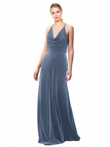 Azul Empoeirado Decote Capuz Sem Mangas Buraco da fechadura Linha A Vestidos de Madrinha / Vestidos de Festa Online