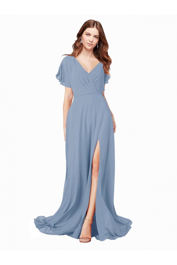Azul Empoeirado Decote V Mangas Curtas Linha A Vestidos de Madrinha / Vestidos de Festa Online