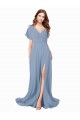 Azul Empoeirado Decote V Mangas Curtas Linha A Vestidos de Madrinha / Vestidos de Festa Online