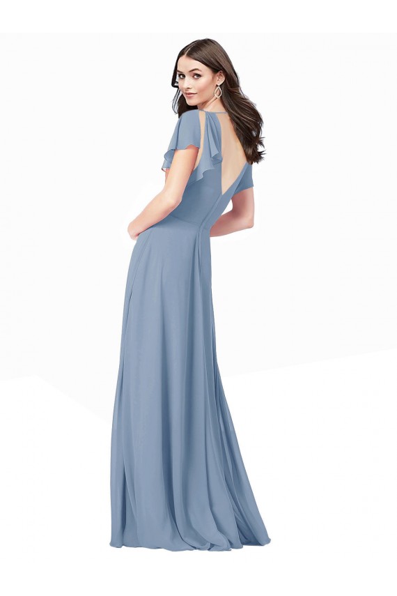 Azul Empoeirado Decote V Mangas Curtas Linha A Vestidos de Madrinha / Vestidos de Festa Online