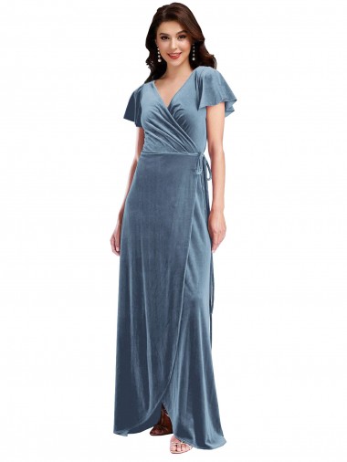 Azul Empoeirado Decote V Mangas Esvoaçantes Linha A Vestidos de Madrinha / Vestidos de Festa Online