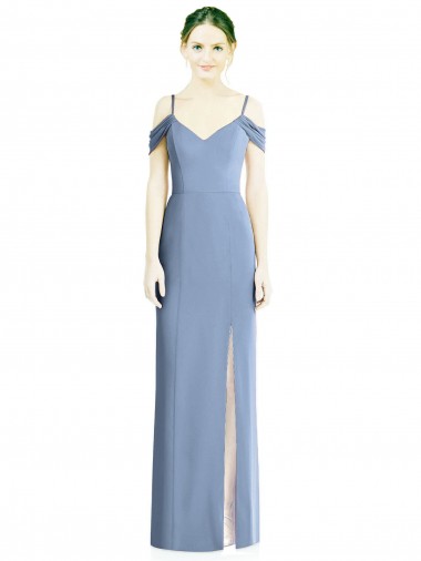 Azul Empoeirado Jewel Ombro Frio Abrir de volta Linha A Vestidos de Madrinha / Vestidos de Noite Online