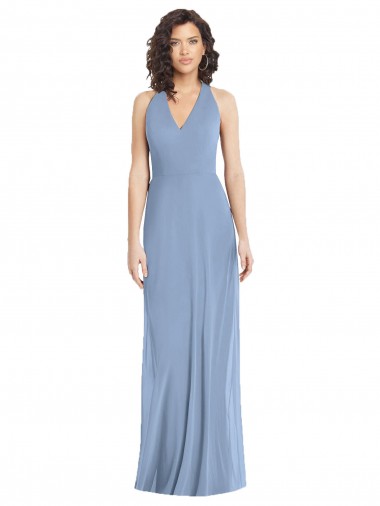 Azul Empoeirado Decote V Sem Mangas Abrir de volta Trombeta Vestidos de Madrinha / Vestidos de Noite Online