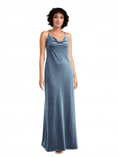 Azul Empoeirado Decote Capuz Sem Mangas Costas em V Bainha Longo Vestidos de Madrinha / Vestidos de Festa Online